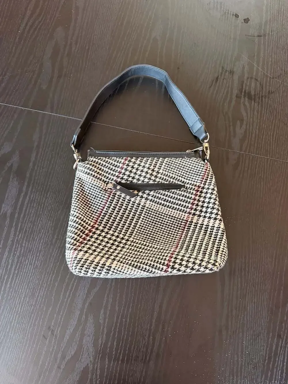 Vintage Plaid Houndstooth Shoulder Bag with Black Leather-like Trim